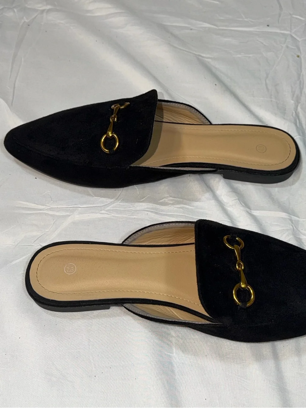 SHEIN Black Suede Pointed Toe Flat Mules Gold Horsebit Buckle Slide Loafers 11 - Picture 5 of 7